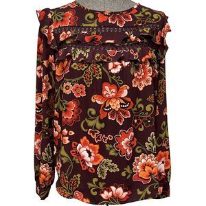 LOFT Floral Blouse Size S Long Sleeve Burgundy Red Orange Ruffles